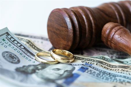 gavel, wedding rings, and money